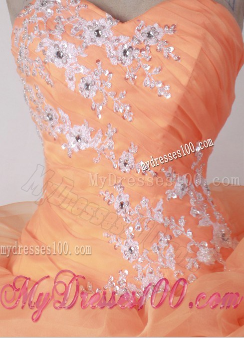 Appliqued and Floral Orange Quinceanera Gowns with Pick-ups