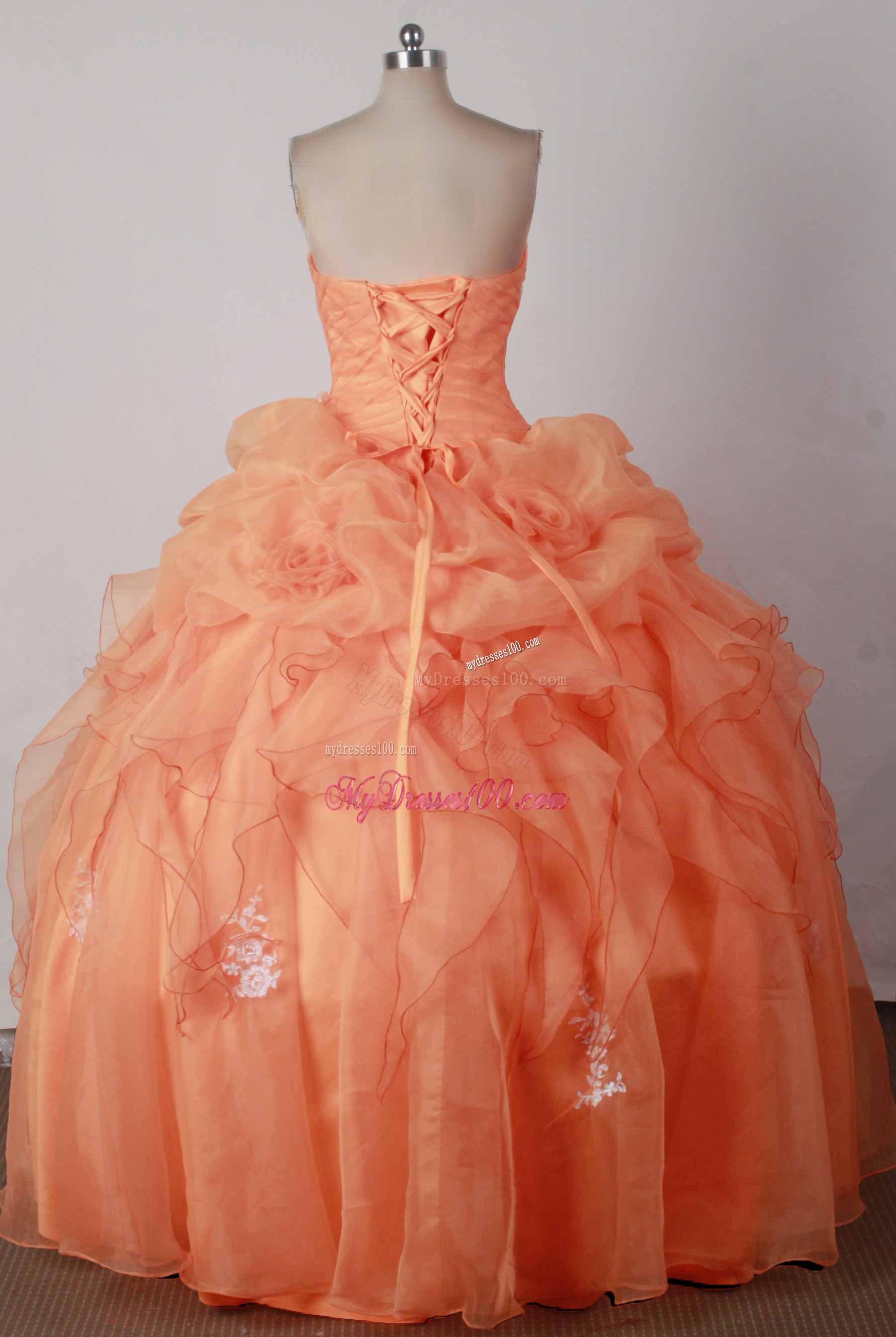 Appliqued and Floral Orange Quinceanera Gowns with Pick-ups