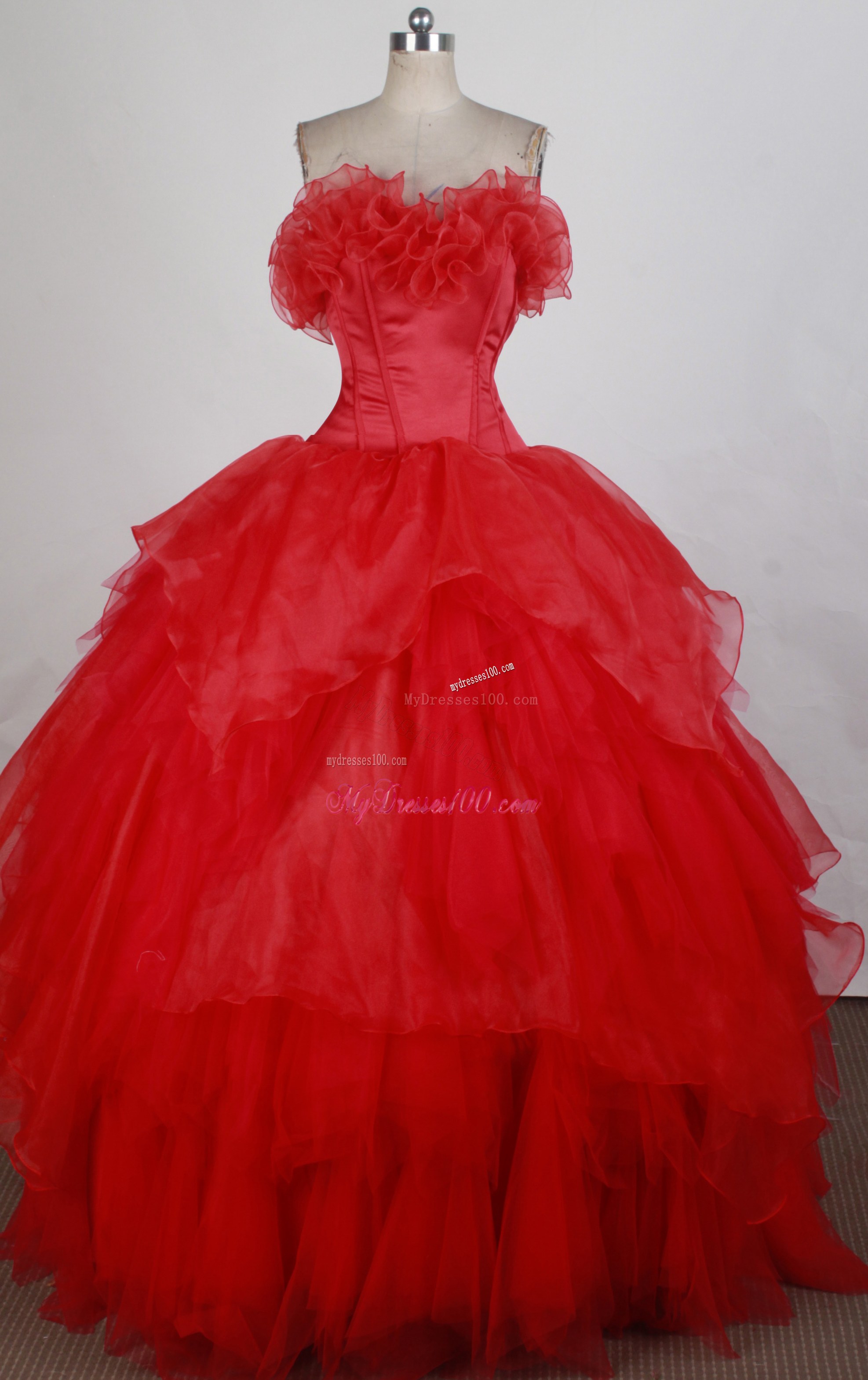 Beautiful Red Ball Gown Ruffled and Layered Dress for Quincenera