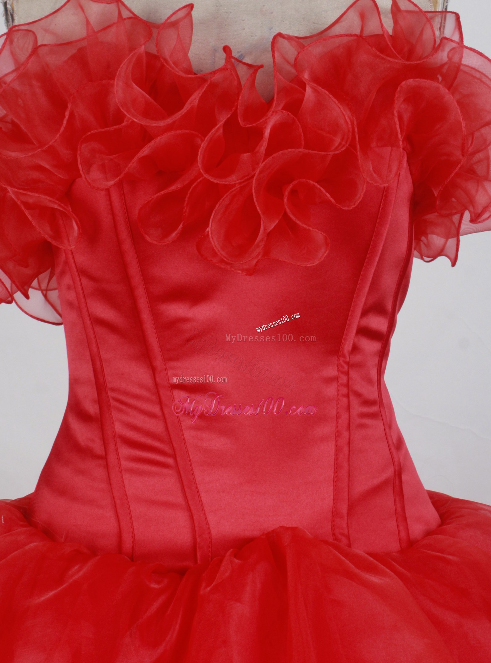 Beautiful Red Ball Gown Ruffled and Layered Dress for Quincenera