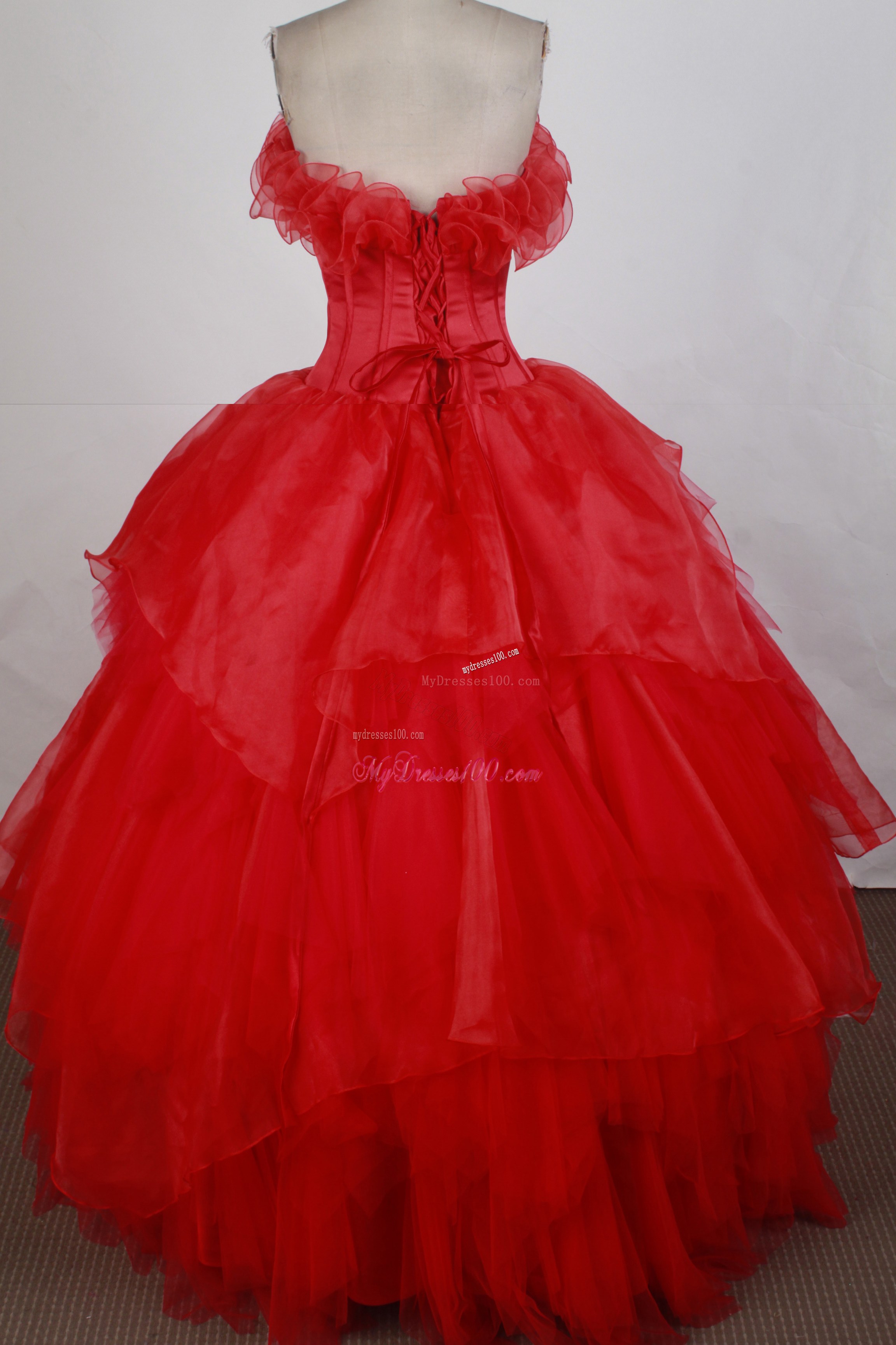 Beautiful Red Ball Gown Ruffled and Layered Dress for Quincenera