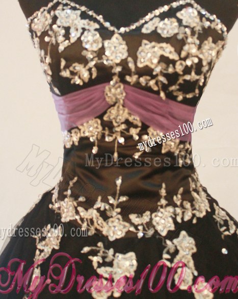 Modest Strapless Beaded and Appliqued Black Tulle Quinceanera Gown