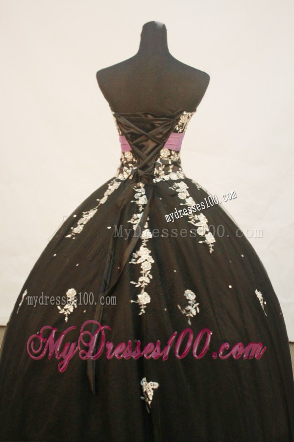 Modest Strapless Beaded and Appliqued Black Tulle Quinceanera Gown
