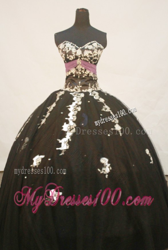 Modest Strapless Beaded and Appliqued Black Tulle Quinceanera Gown