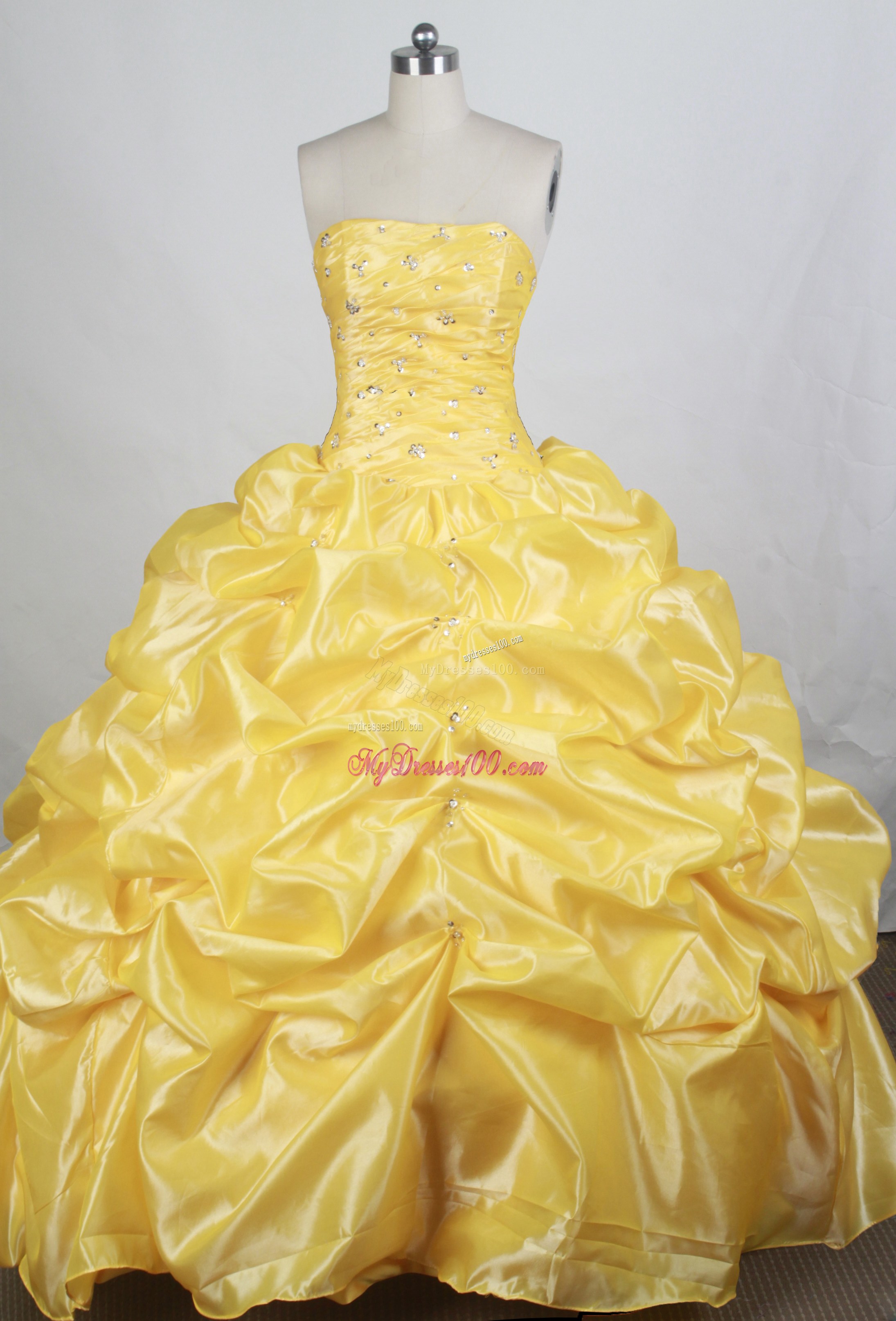 Yellow Taffeta Quinceanera Dress with Beading and Pick-ups