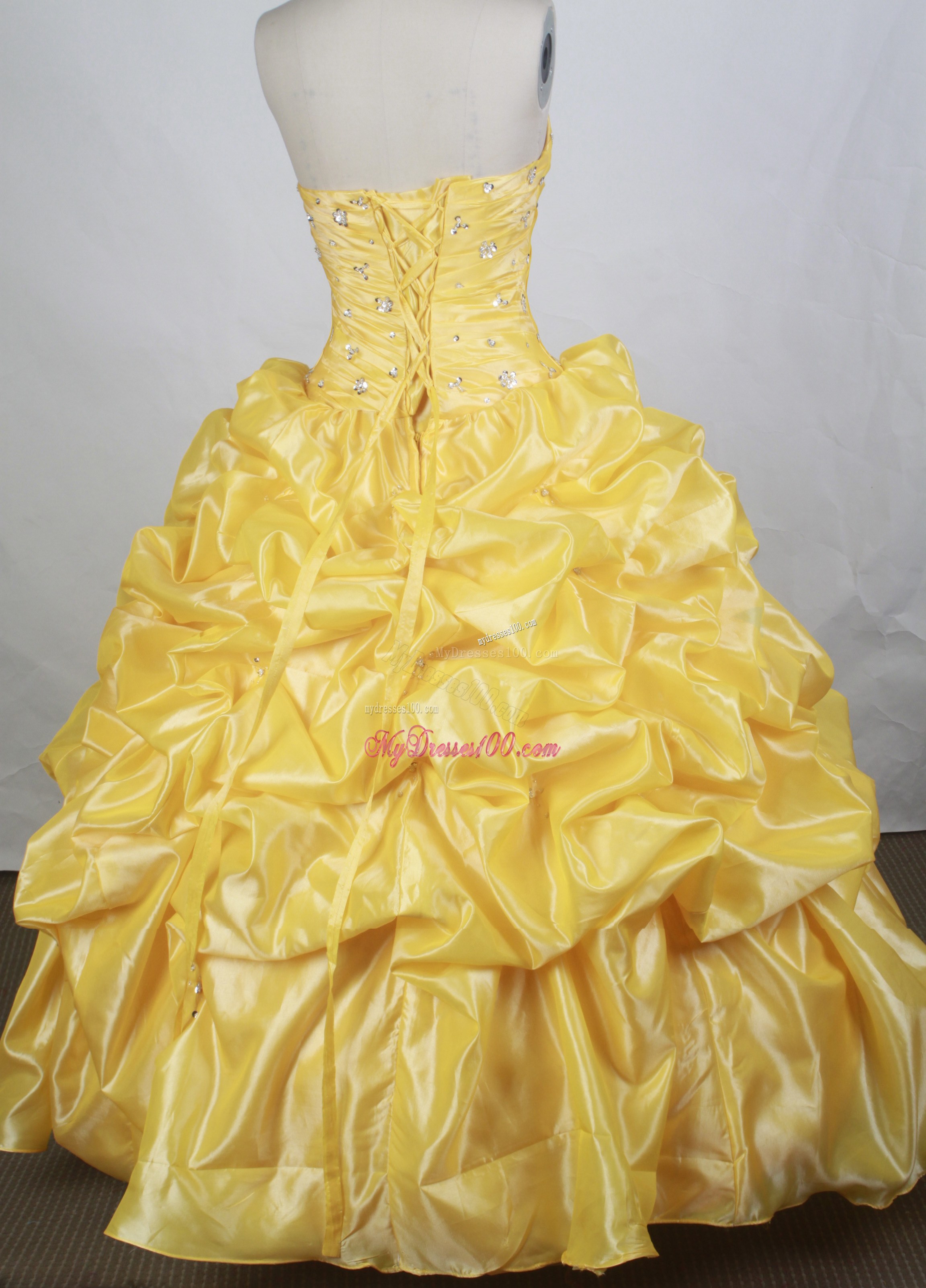 Yellow Taffeta Quinceanera Dress with Beading and Pick-ups