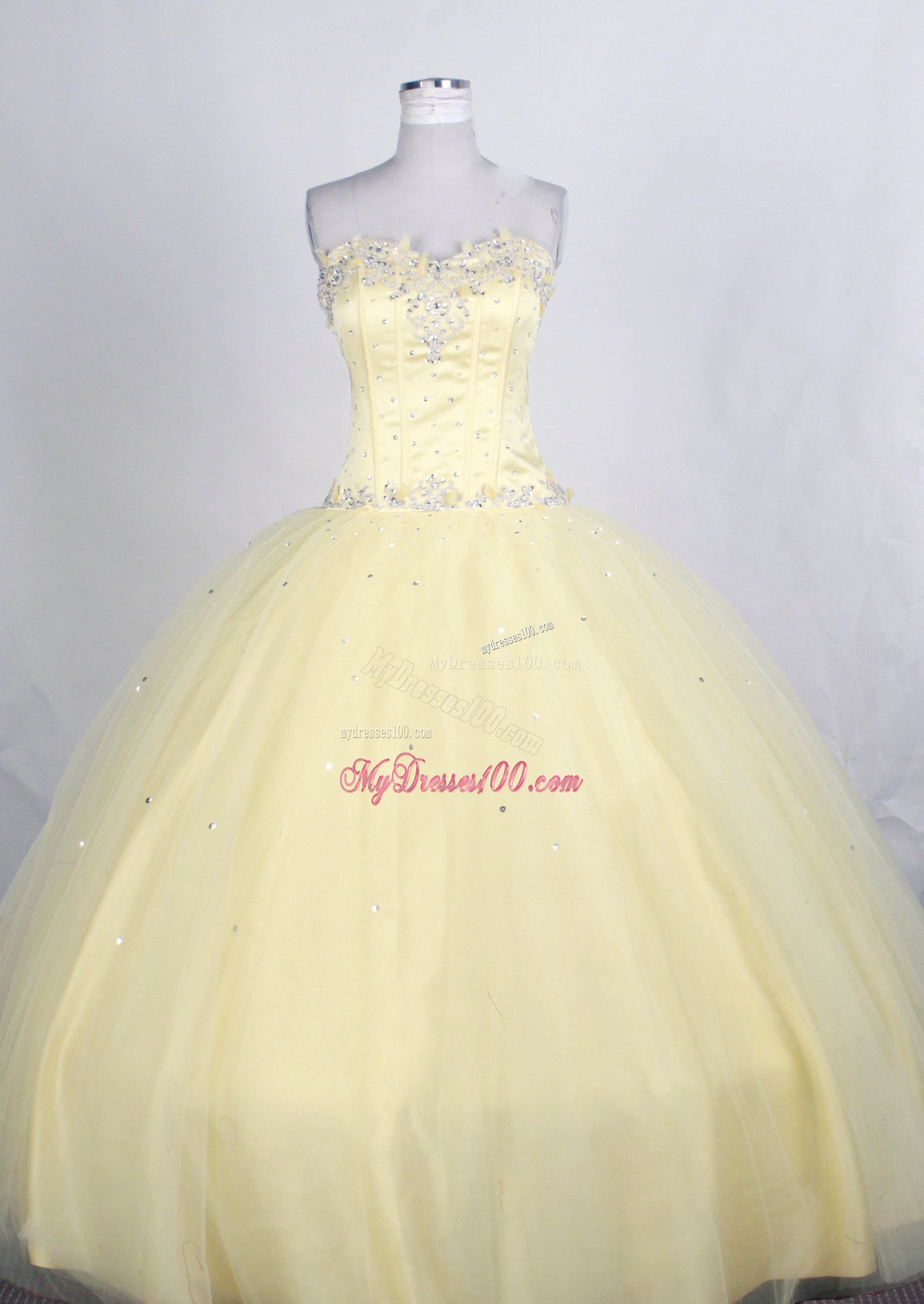 Beading and Appliques Decorate Light Yellow Quinceanera Dress