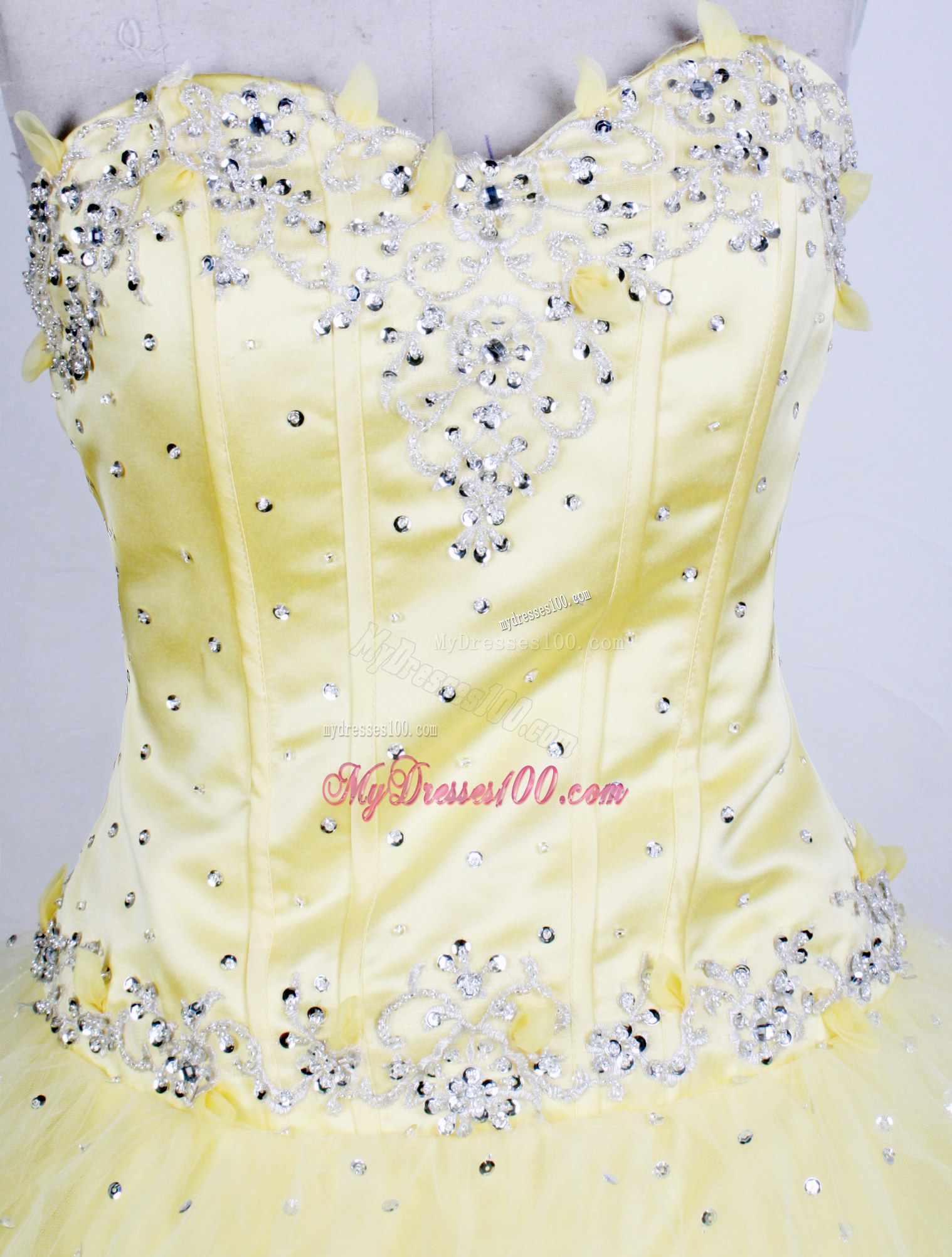Beading and Appliques Decorate Light Yellow Quinceanera Dress