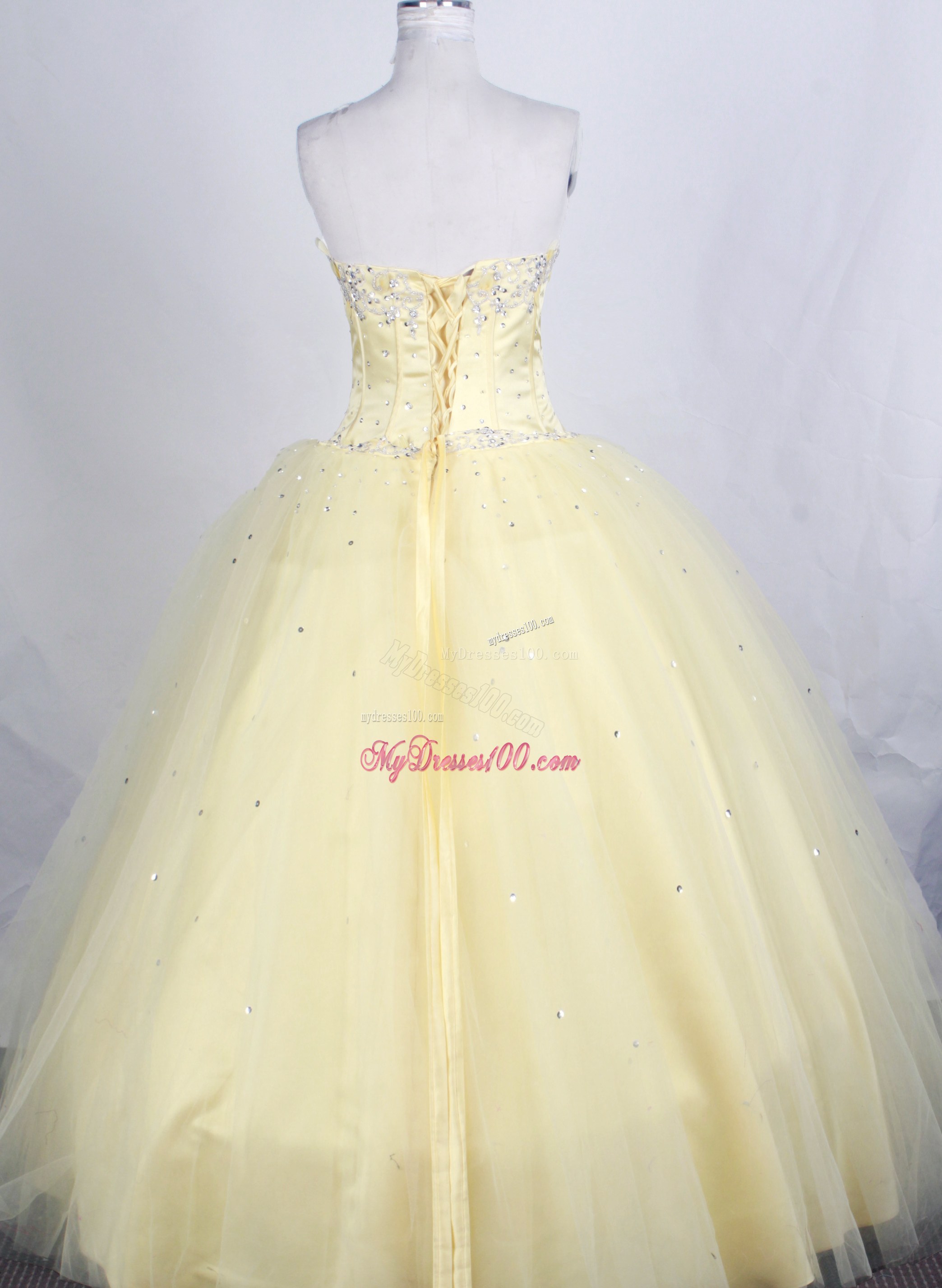 Beading and Appliques Decorate Light Yellow Quinceanera Dress