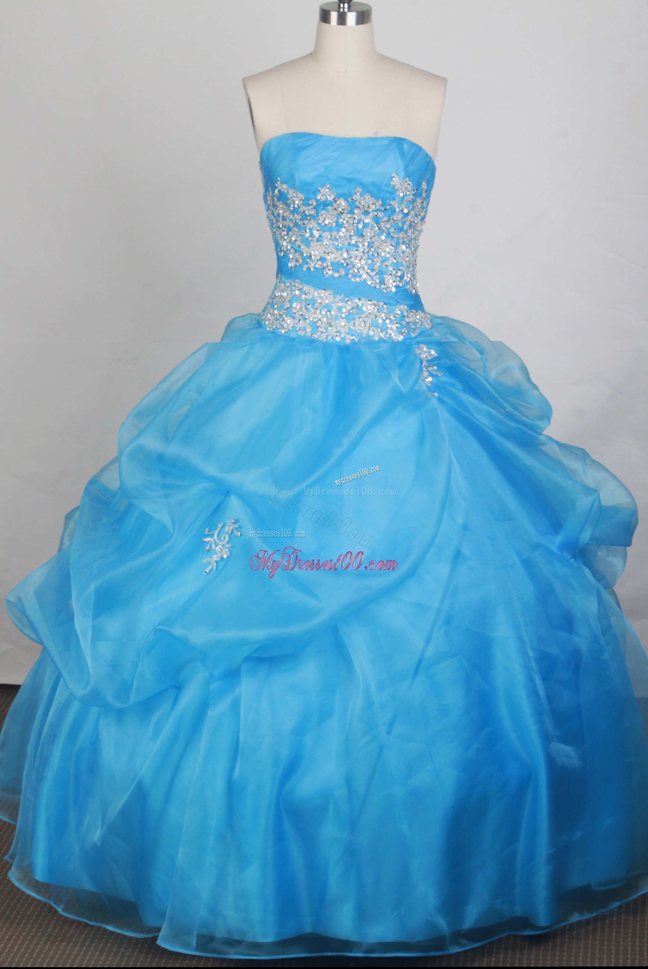 Strapless Aqua Blue Quinceanera Dress with Pick-ups and Appliques