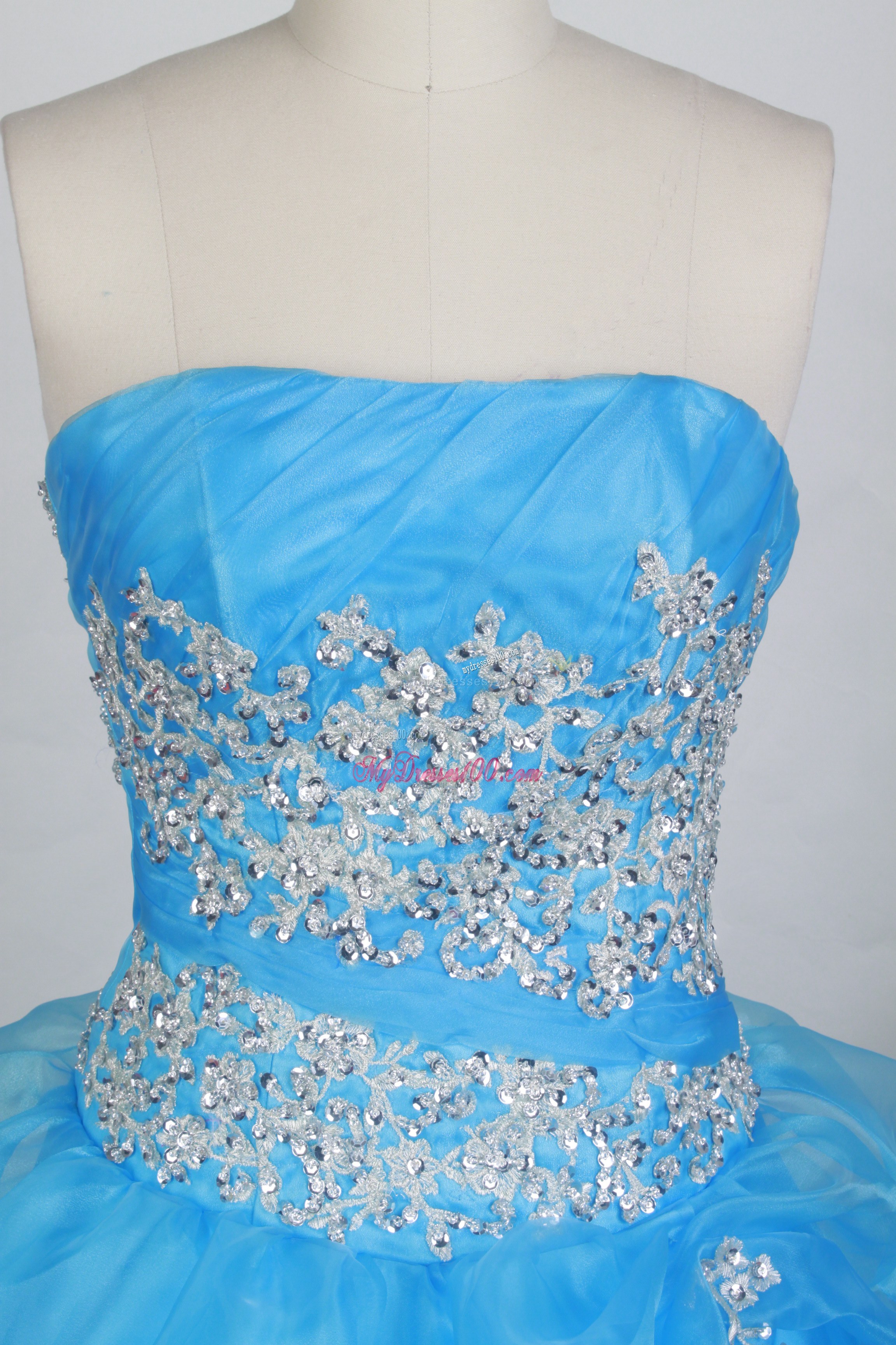 Strapless Aqua Blue Quinceanera Dress with Pick-ups and Appliques