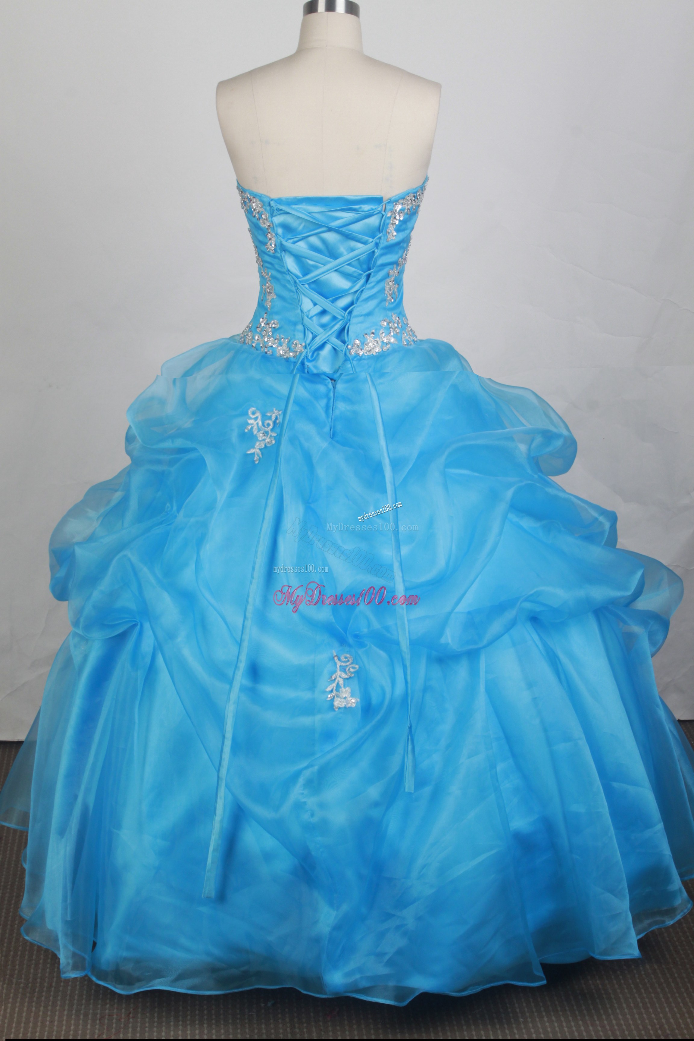 Strapless Aqua Blue Quinceanera Dress with Pick-ups and Appliques