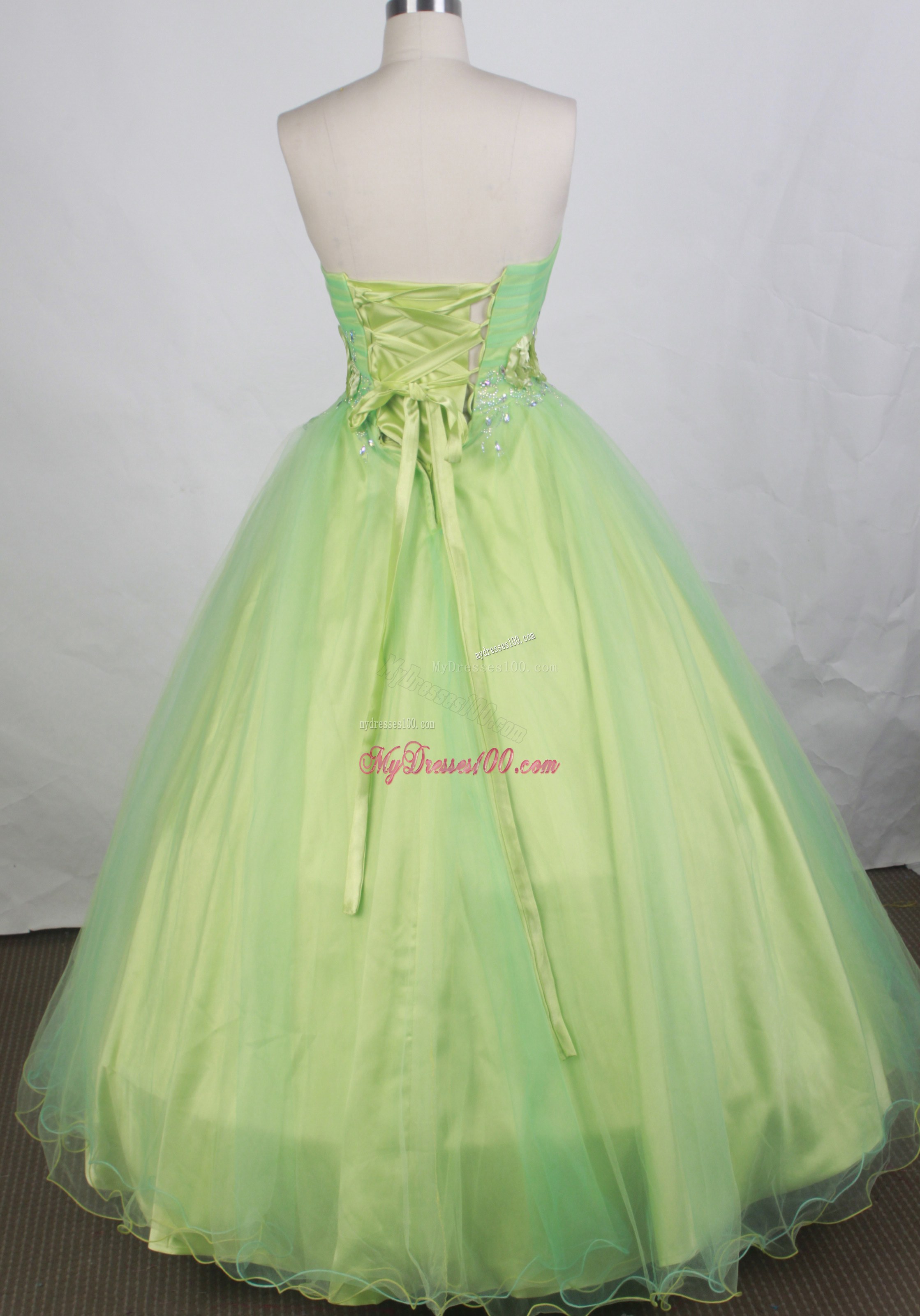 Appliqued and Floral Dress for Quinceanera in Apple Green
