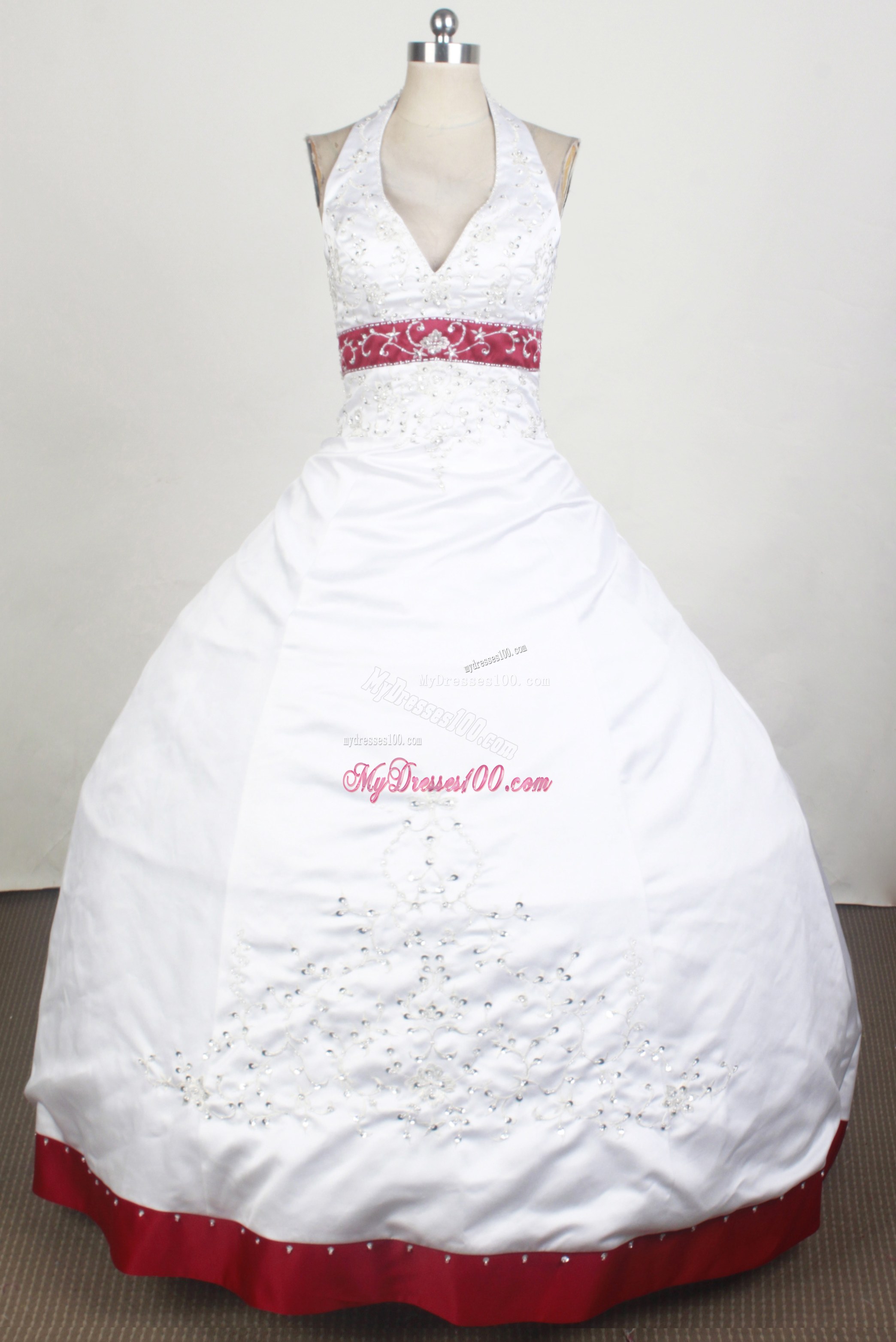 Halter Brush Train Embroidered Dresses 16 in White and Red