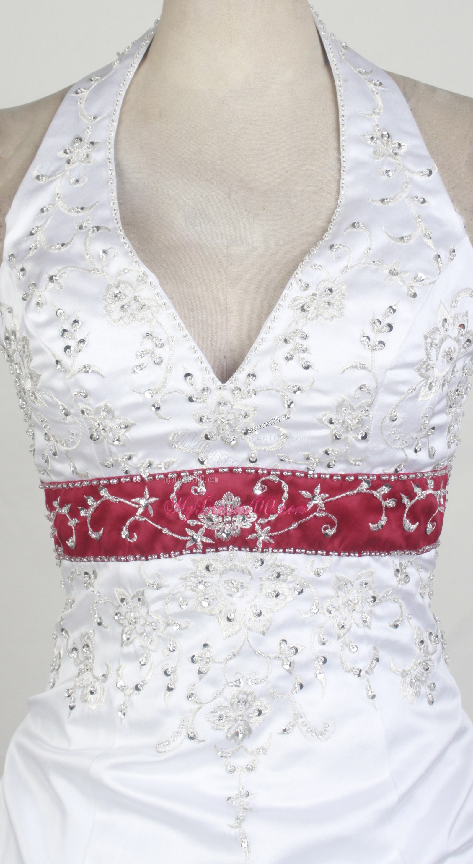 Halter Brush Train Embroidered Dresses 16 in White and Red