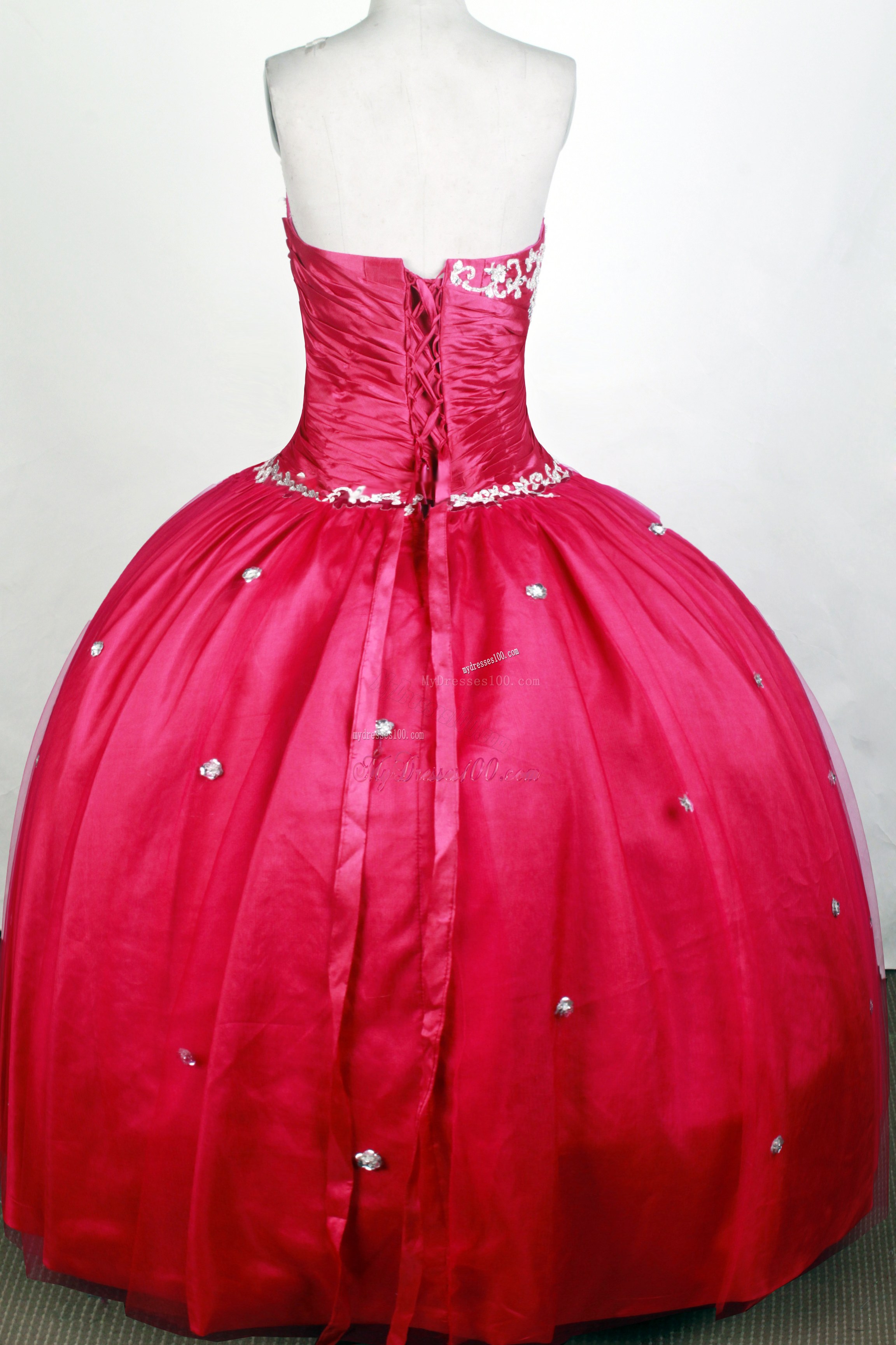 Appliqued Coral Red Ball Gown Tulle Dress for Quinceanera