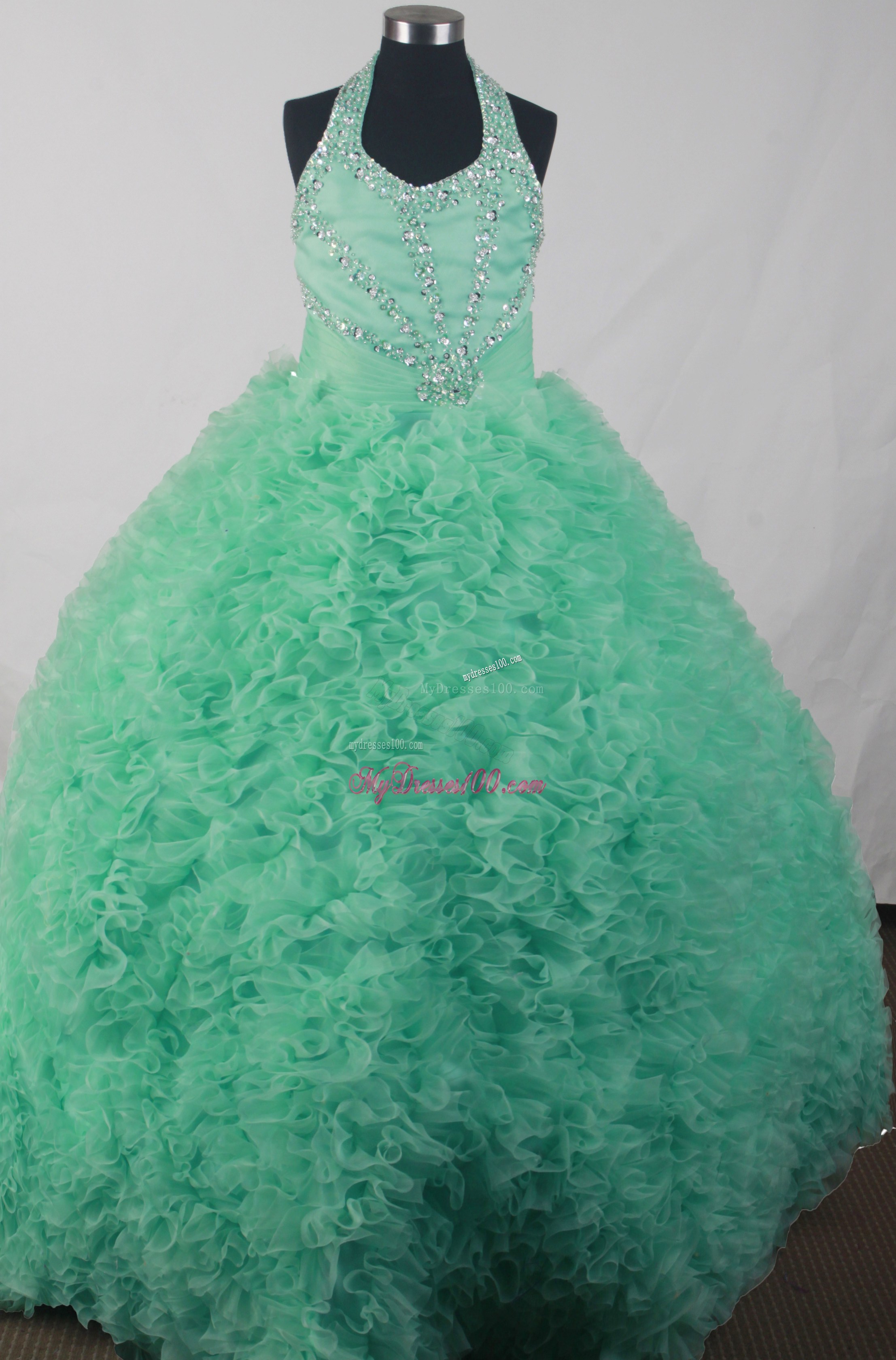 Beading Decorate Halter Puffy Ruffles Dresses 16 in Apple Green