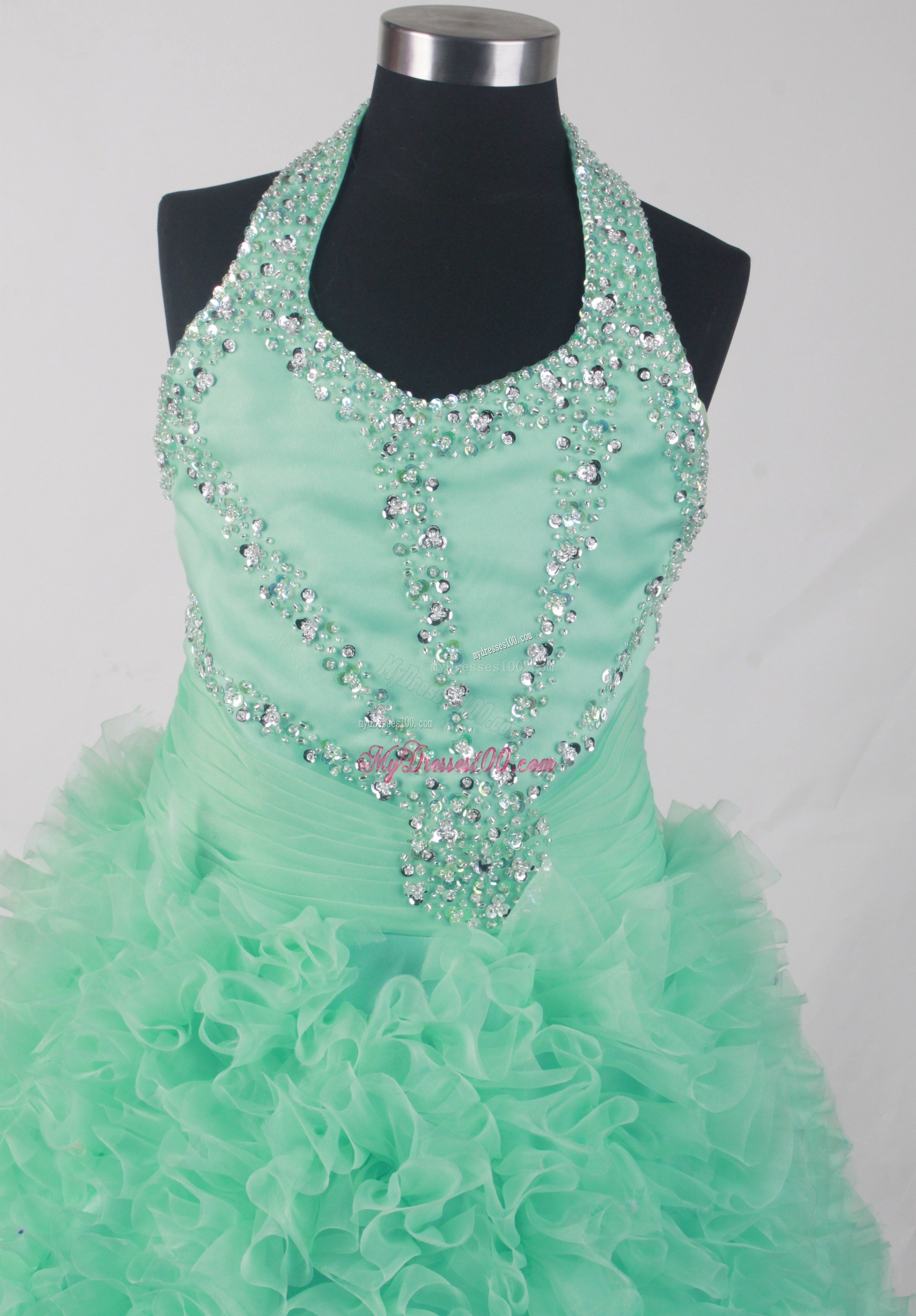 Beading Decorate Halter Puffy Ruffles Dresses 16 in Apple Green