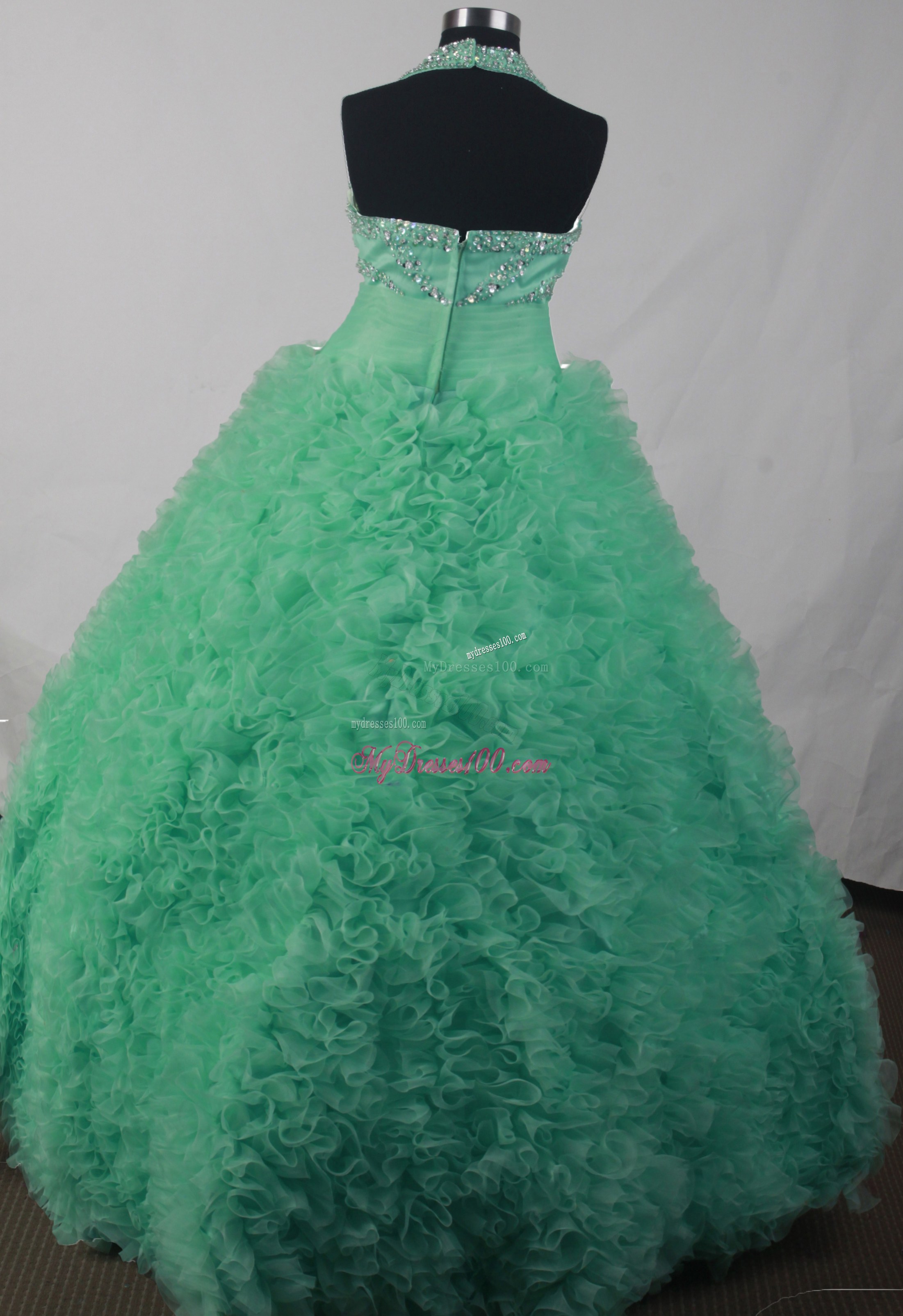 Beading Decorate Halter Puffy Ruffles Dresses 16 in Apple Green