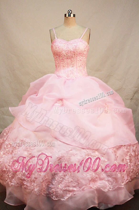 Spaghetti Straps Beaded and Embroidered Pink Quinceanera Gown