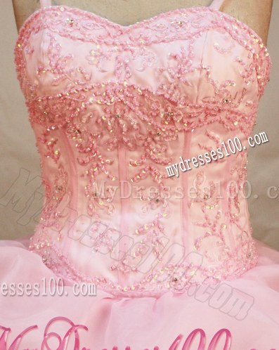 Spaghetti Straps Beaded and Embroidered Pink Quinceanera Gown