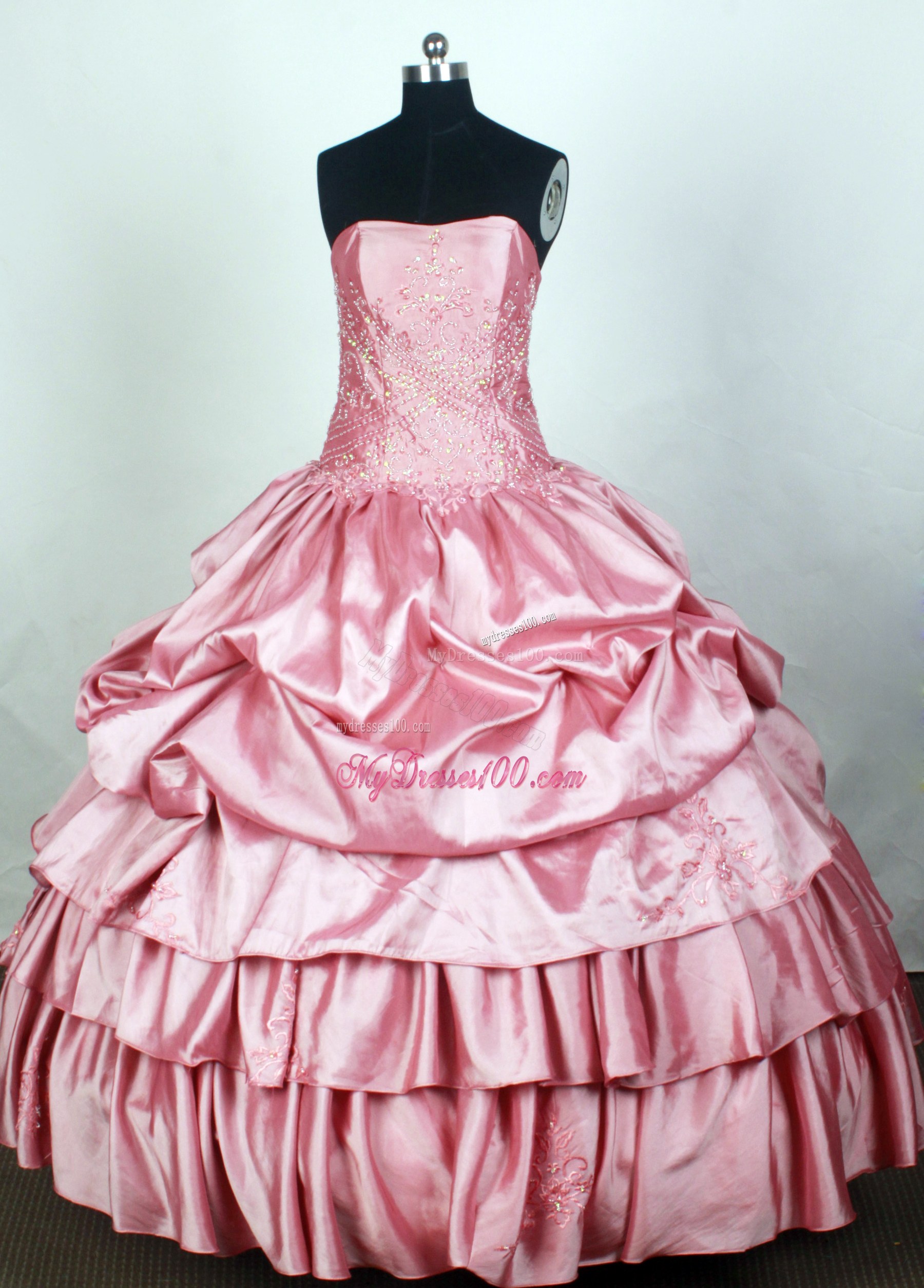 Appliqued Pink Quincenera Dress with Pick-ups and Layers