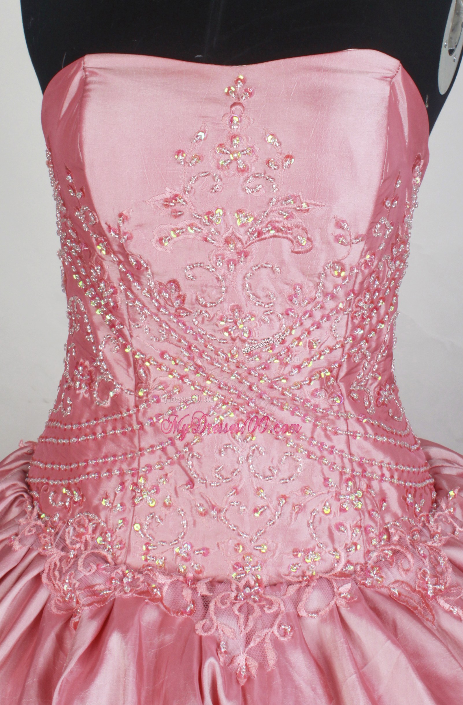 Appliqued Pink Quincenera Dress with Pick-ups and Layers