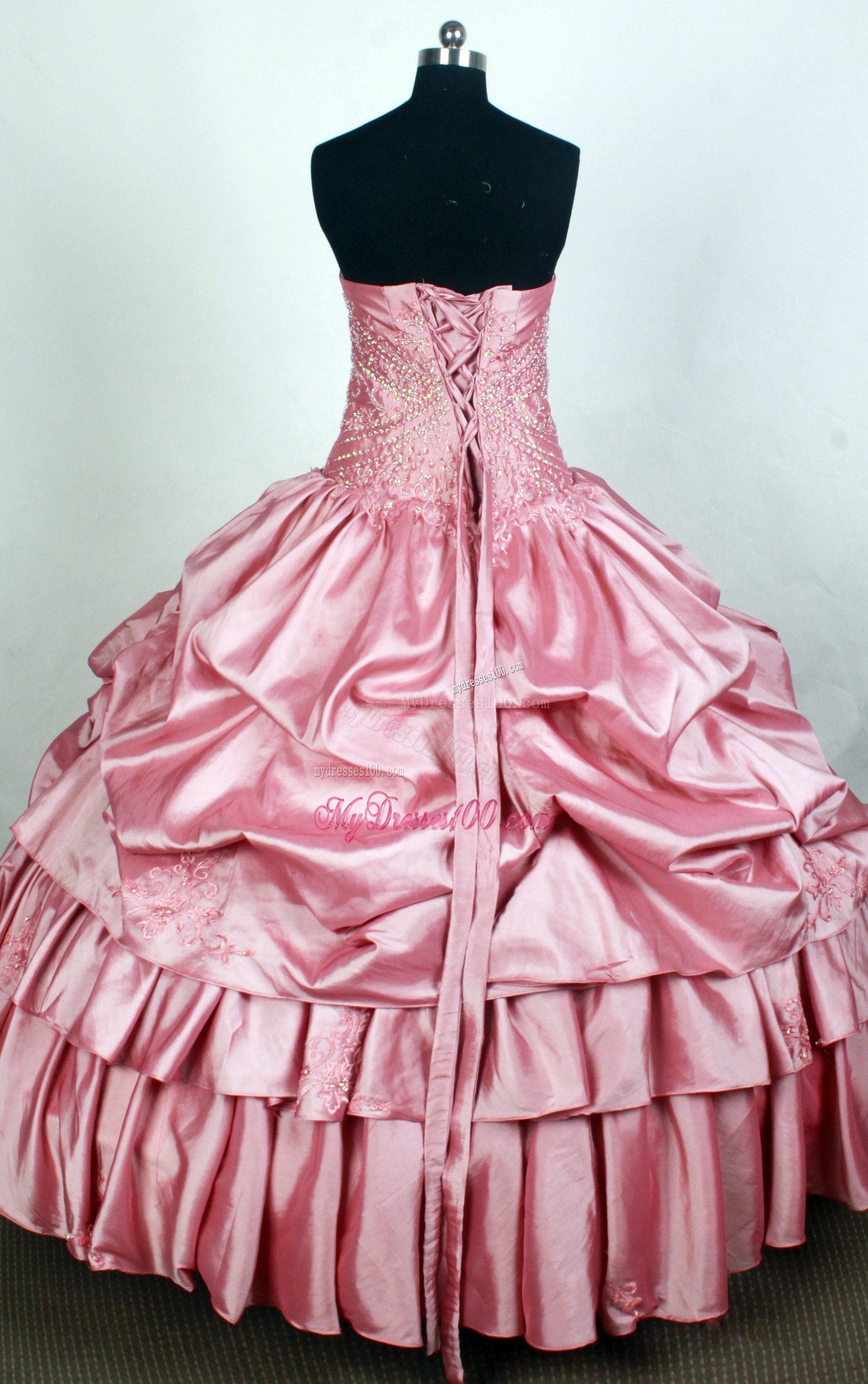 Appliqued Pink Quincenera Dress with Pick-ups and Layers