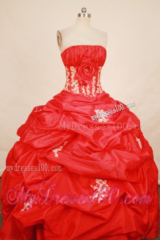Romantic Strapless Floor-length Appliques and Flowers Red Quinces Dress
