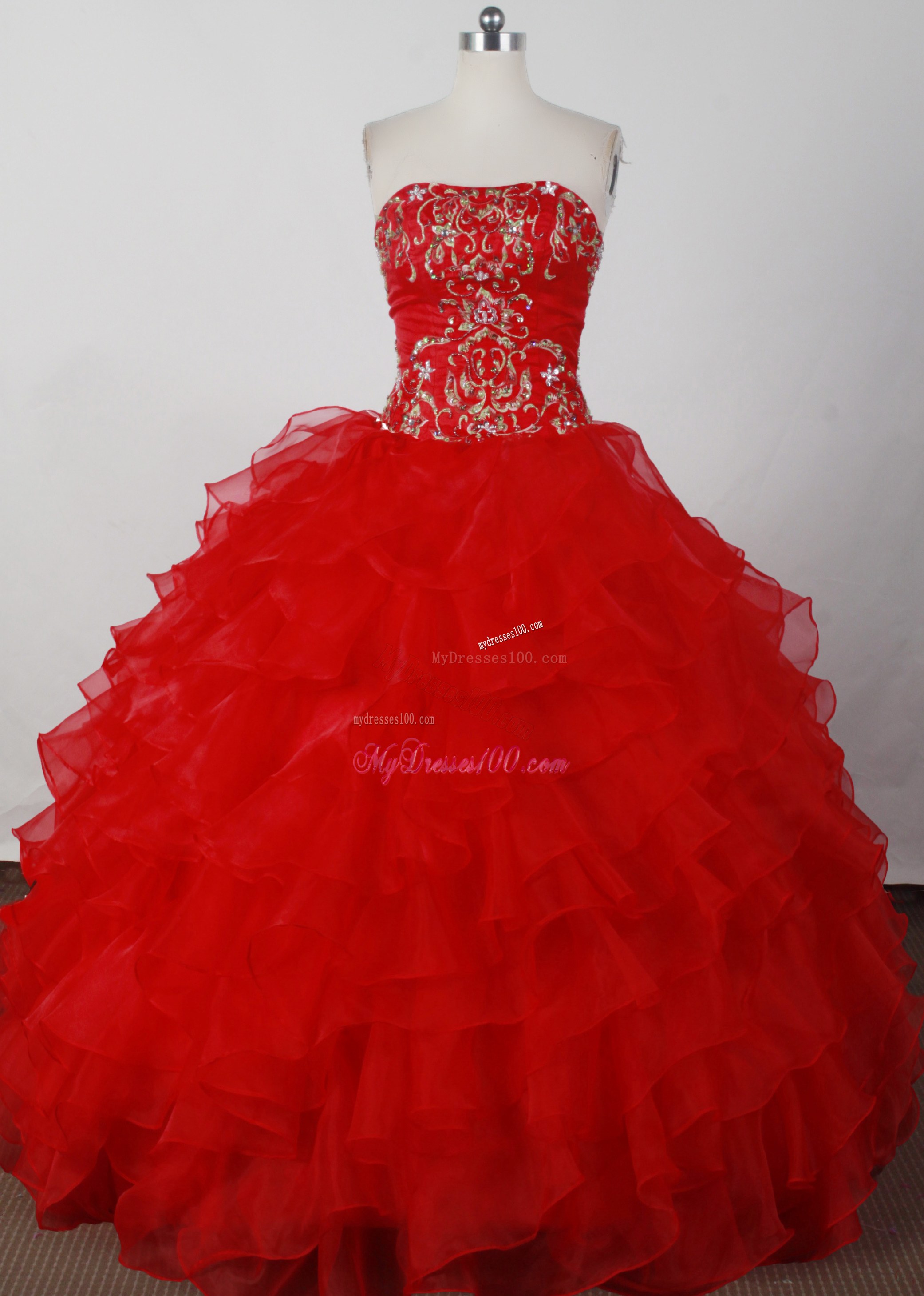 Embroidery and Ruffled Layers Red Dresses 16 with Brush Train