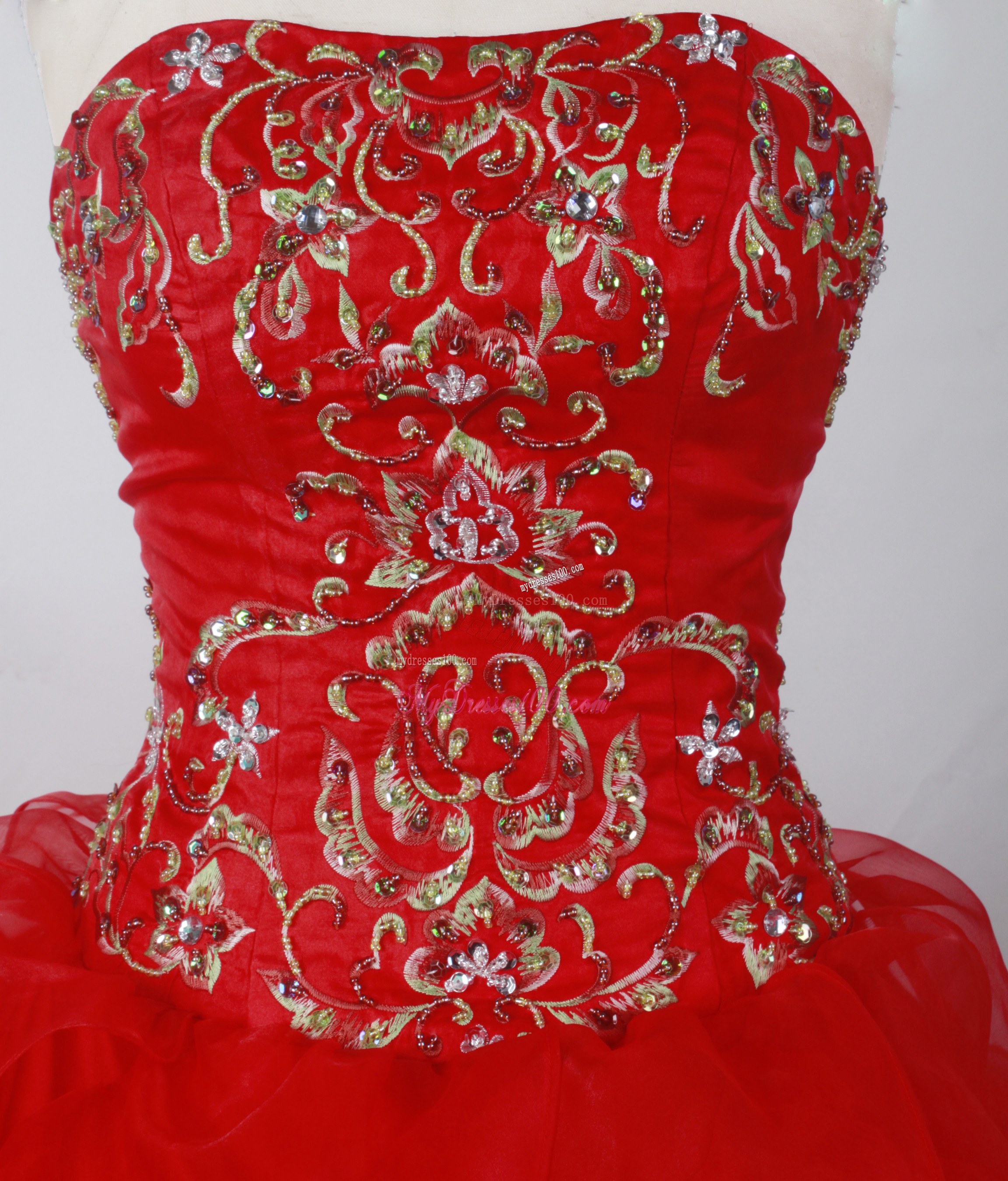 Embroidery and Ruffled Layers Red Dresses 16 with Brush Train