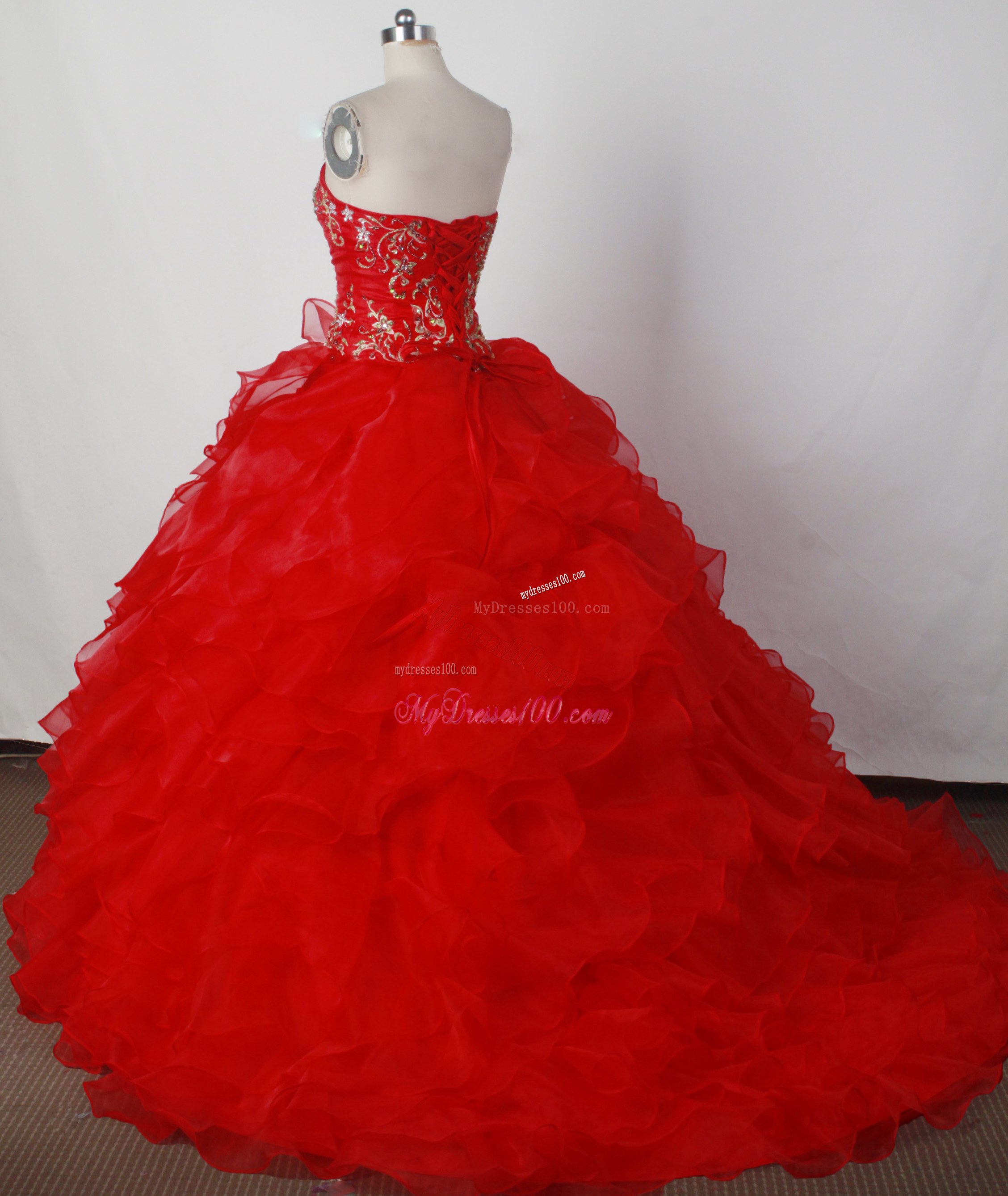 Embroidery and Ruffled Layers Red Dresses 16 with Brush Train