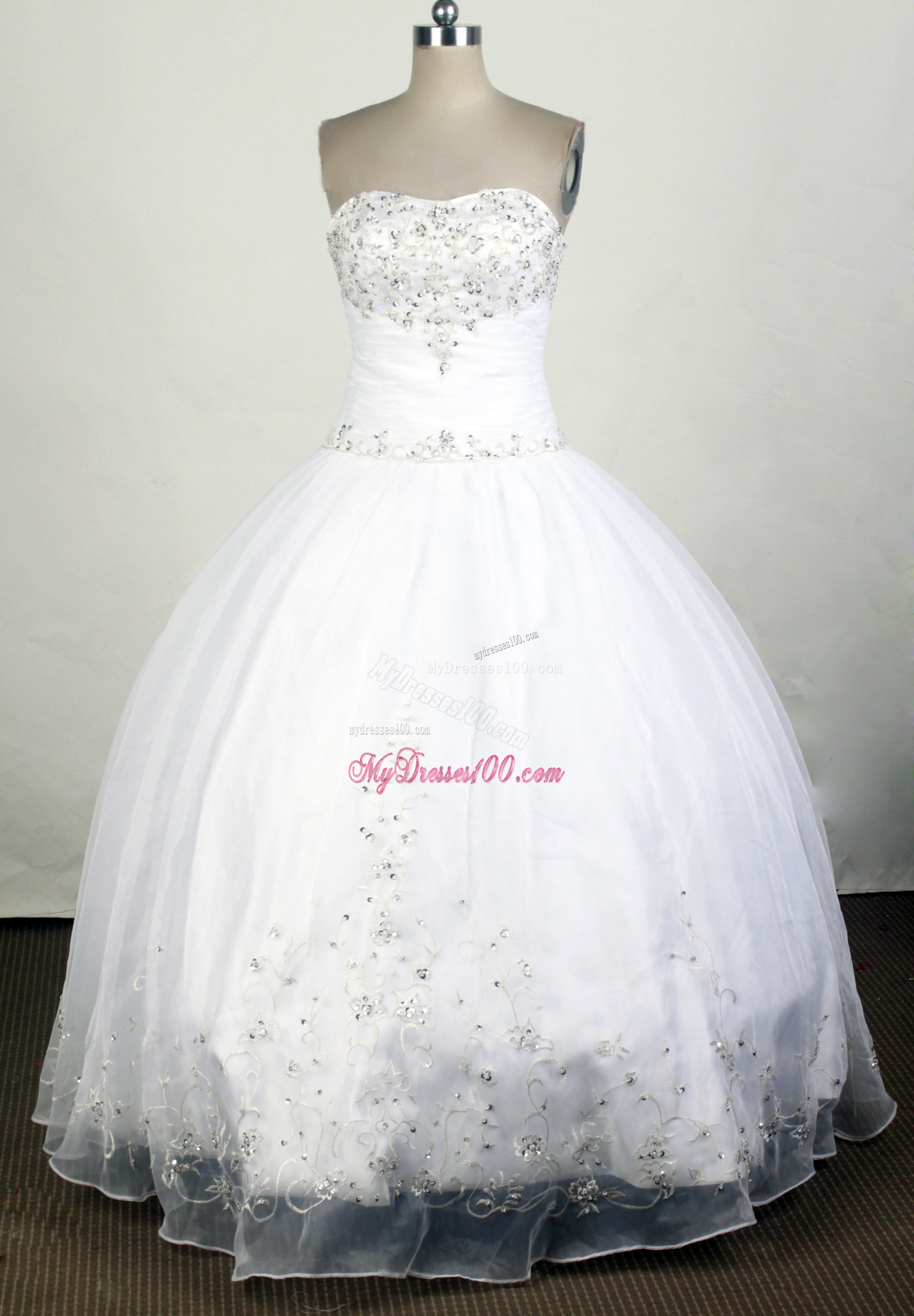 White Organza Quinceanera Dress with Beading and Embroidery