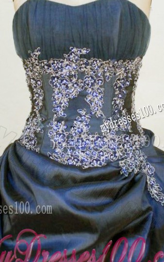 Navy Blue Appliques Strapless Puck Ups Zipper Back Dress for Quince