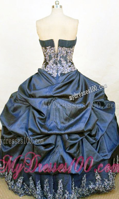 Navy Blue Appliques Strapless Puck Ups Zipper Back Dress for Quince