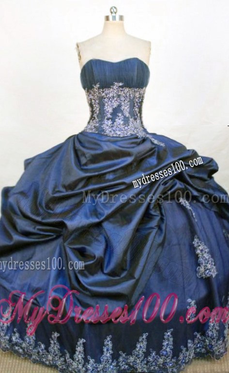 Navy Blue Appliques Strapless Puck Ups Zipper Back Dress for Quince