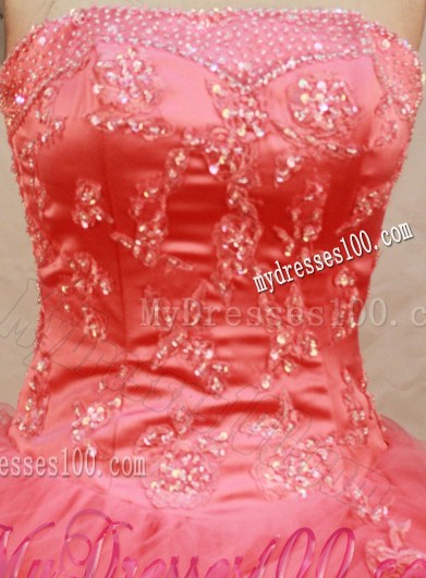 Coral Red Beading Appliques Puffy Sweet 15th Birthday Dress