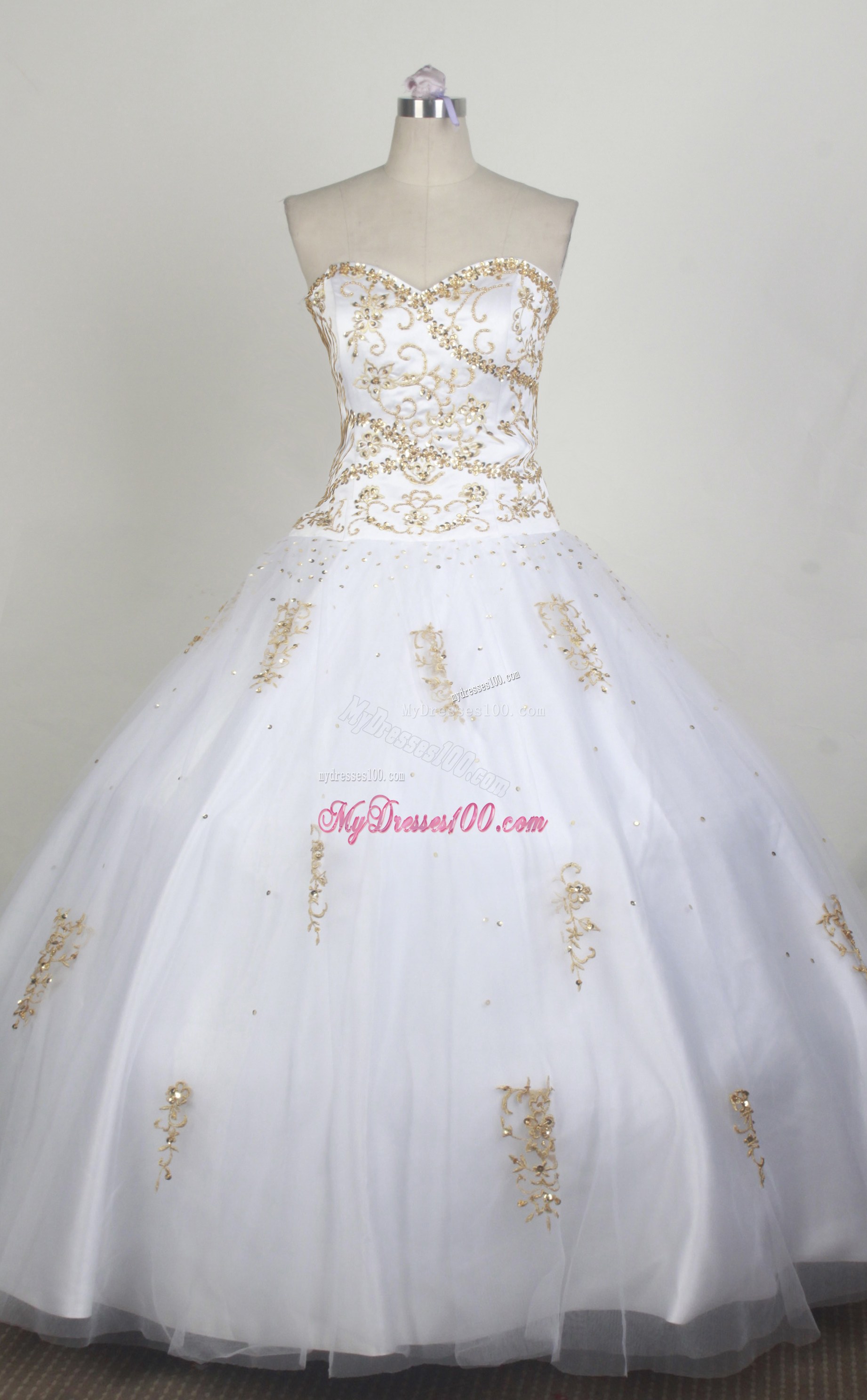 Champagne Beading and Appliques Accent on White Quiceanera Gown