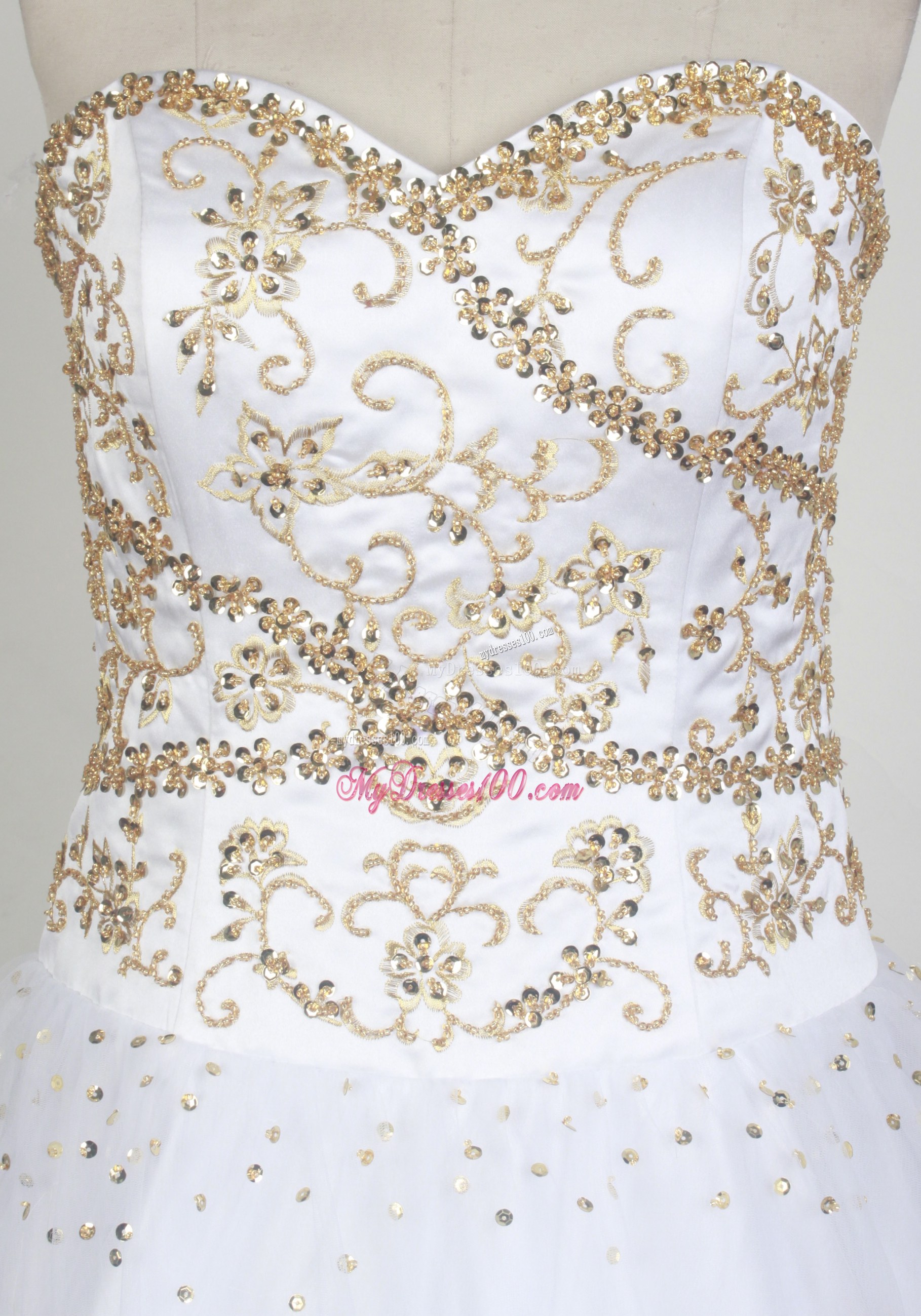 Champagne Beading and Appliques Accent on White Quiceanera Gown