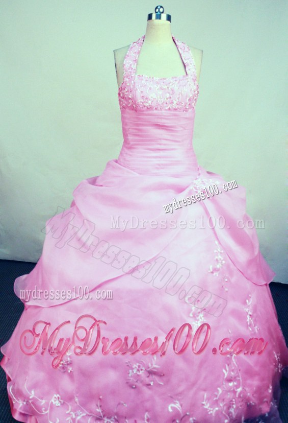 Halter Appliqued Baby Pink Quinceanera Dress Of Floor-Length