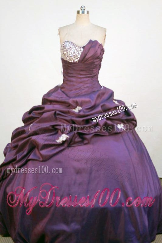Beautiful Purple Strapless Appliques and Beading Quince Dress Floor-Length