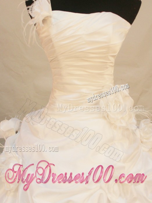 Ruched White Quinceanera Dresses with Flowers and Pick-Ups