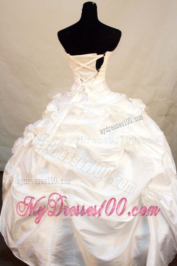 Ruched White Quinceanera Dresses with Flowers and Pick-Ups