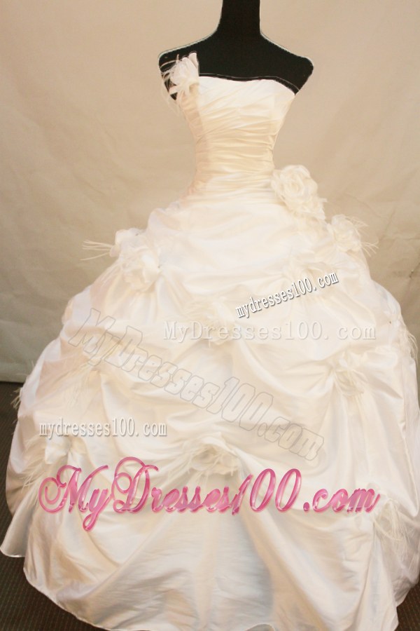Ruched White Quinceanera Dresses with Flowers and Pick-Ups