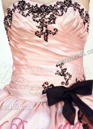 Baby Pink and Black Taffeta Strapless Long Appliques Sweet 16 Dresses