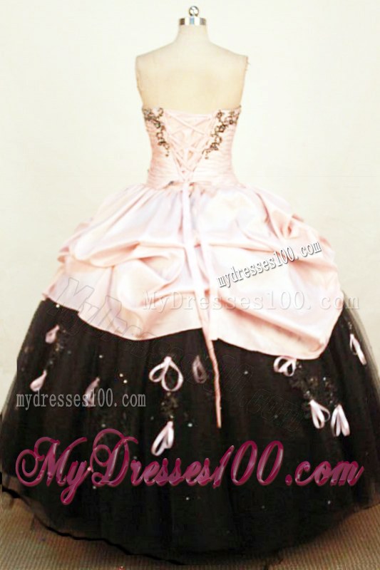 Baby Pink and Black Taffeta Strapless Long Appliques Sweet 16 Dresses