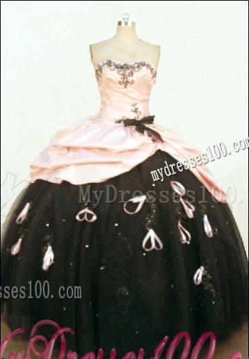 Baby Pink and Black Taffeta Strapless Long Appliques Sweet 16 Dresses