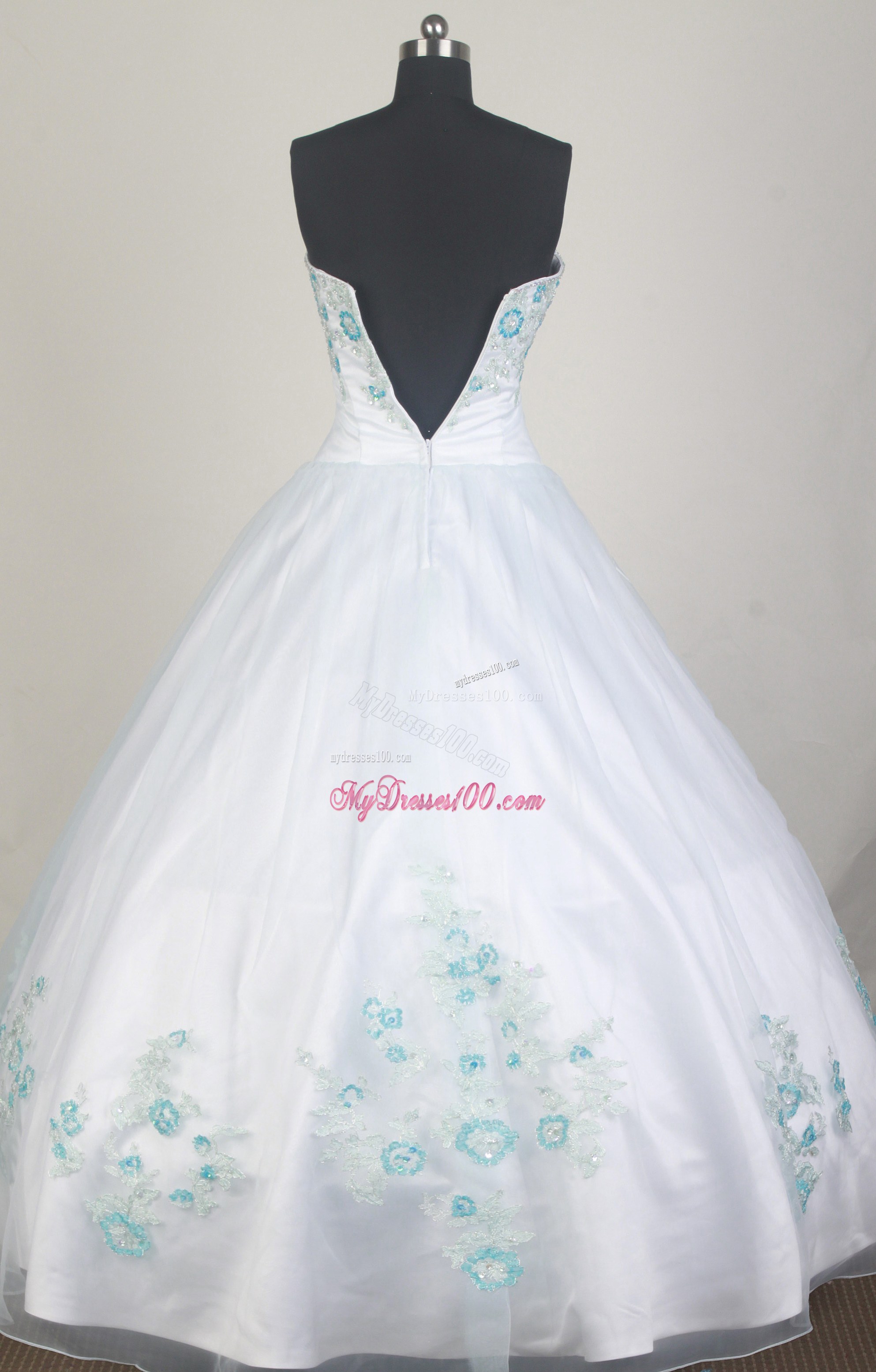 Blue Appliques Decorate on White Ball Gown Quinceanera Dress