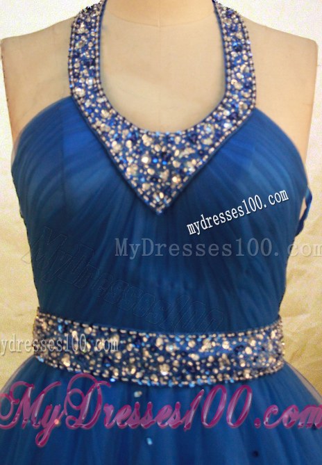 Fashionable Halter Top Beading Puffy Royal Blue Quinceanera Gowns