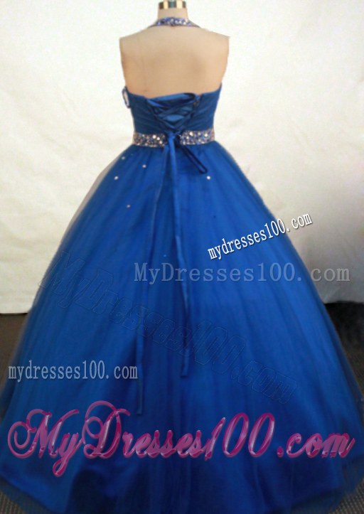 Fashionable Halter Top Beading Puffy Royal Blue Quinceanera Gowns